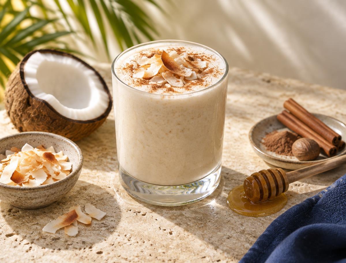 Coconut cream pie smoothie dusted with cinnamon and toasted coconut flakes