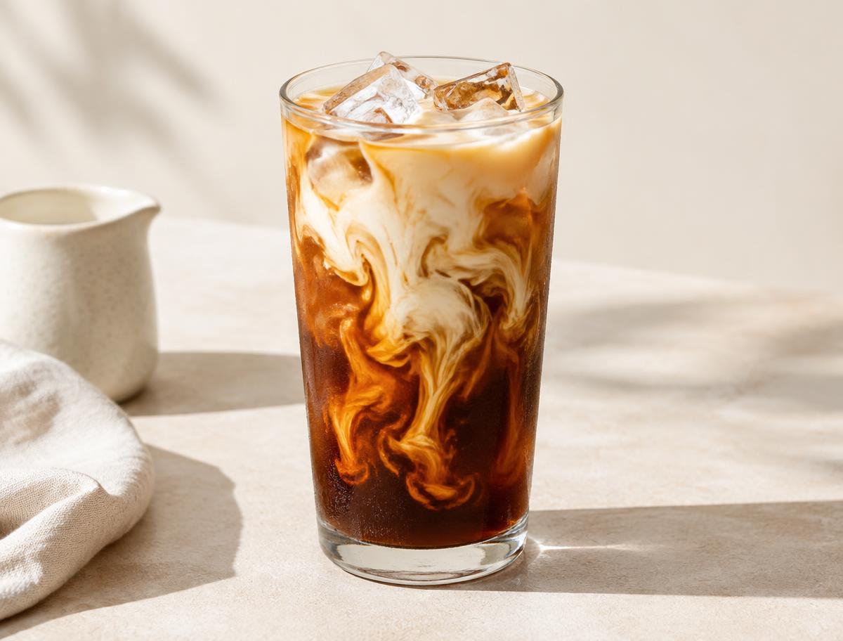 Iced coffee with cream swirling in