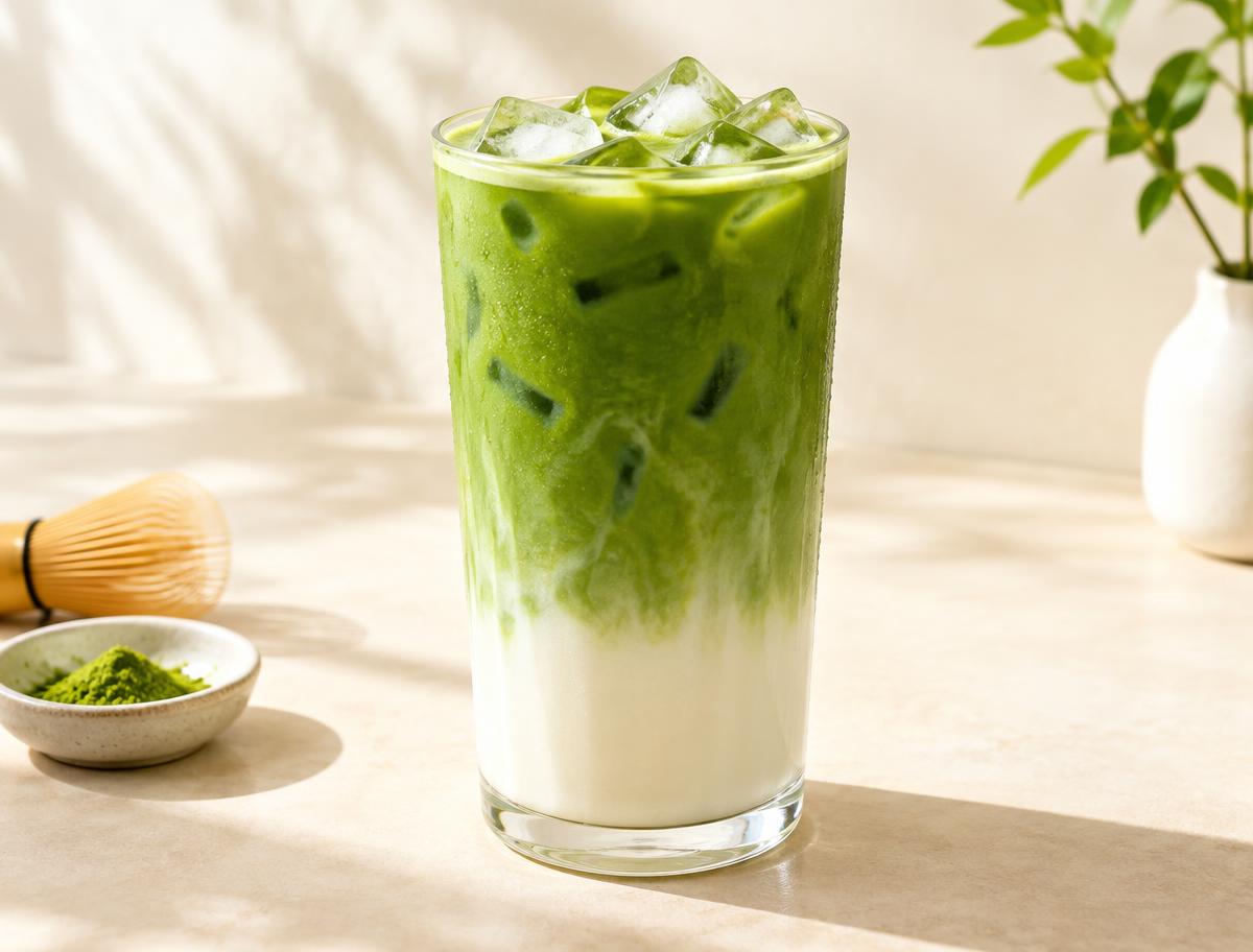 Iced matcha latte with a creamy milk layer