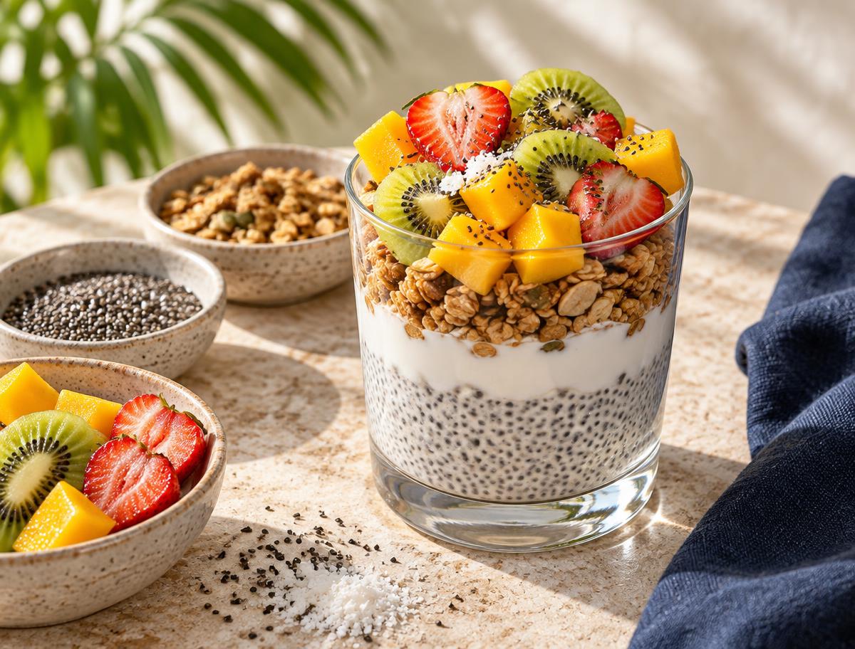 Sea moss chia pudding parfait layered with yogurt, granola, and fresh fruit