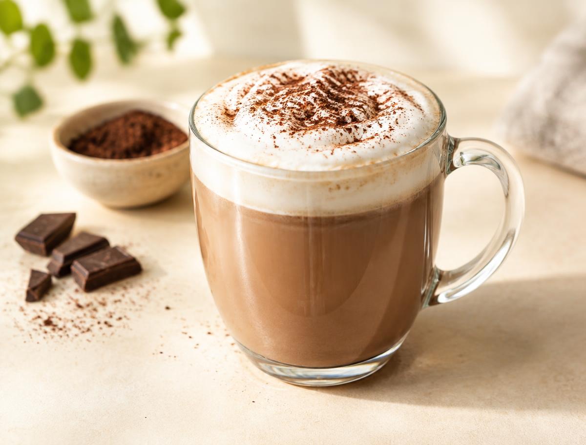 Creamy mocha in a glass mug dusted with cocoa