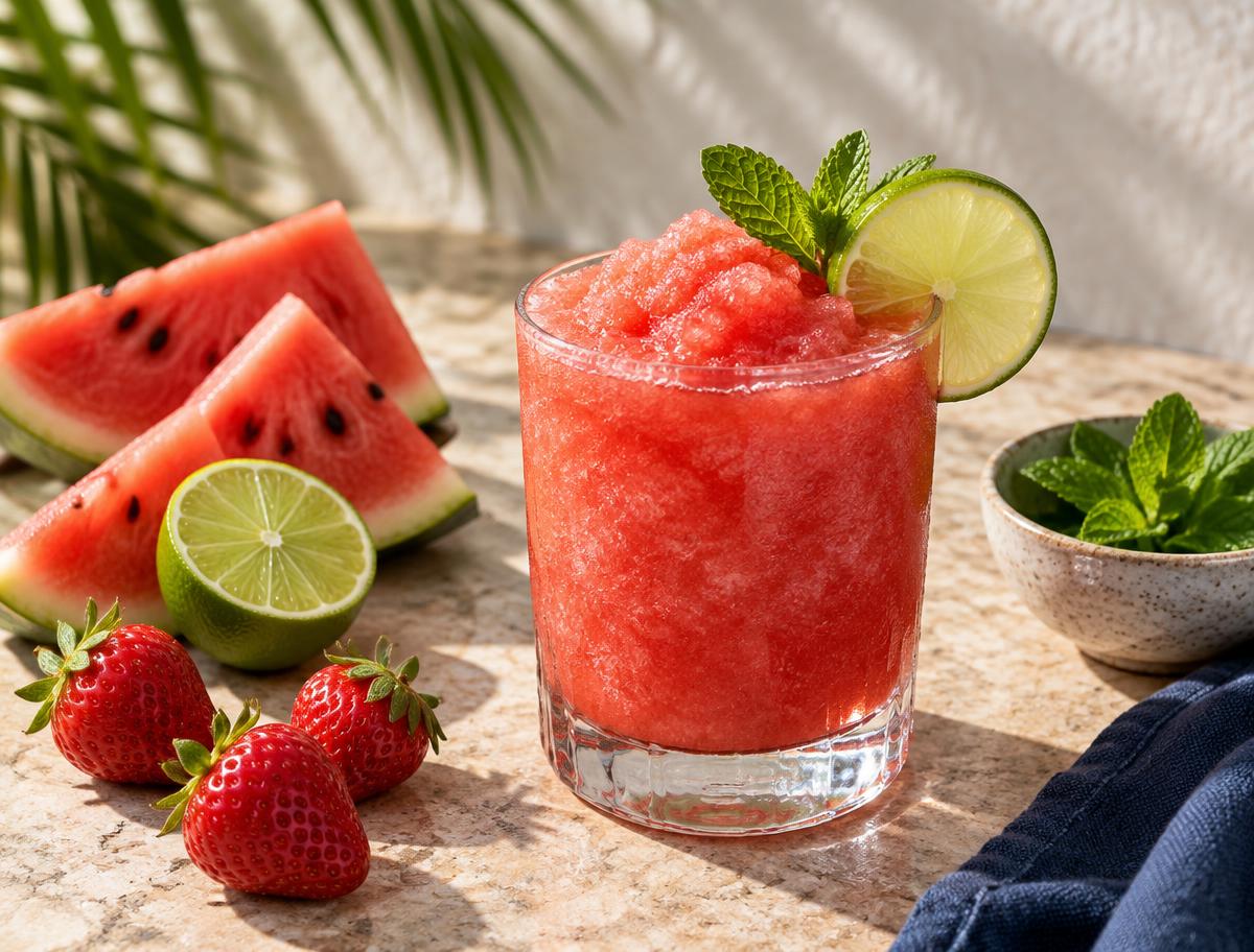 Watermelon lime slushie garnished with a lime wheel and mint